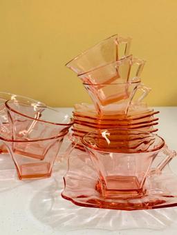 Set Of (8) Pink Depression Cups & Saucers