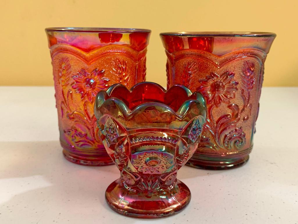 (3) Pcs. Of Imperial Glass: (2) Water Glasses W/Daisy's & Daisy & Button Toothpick Holder