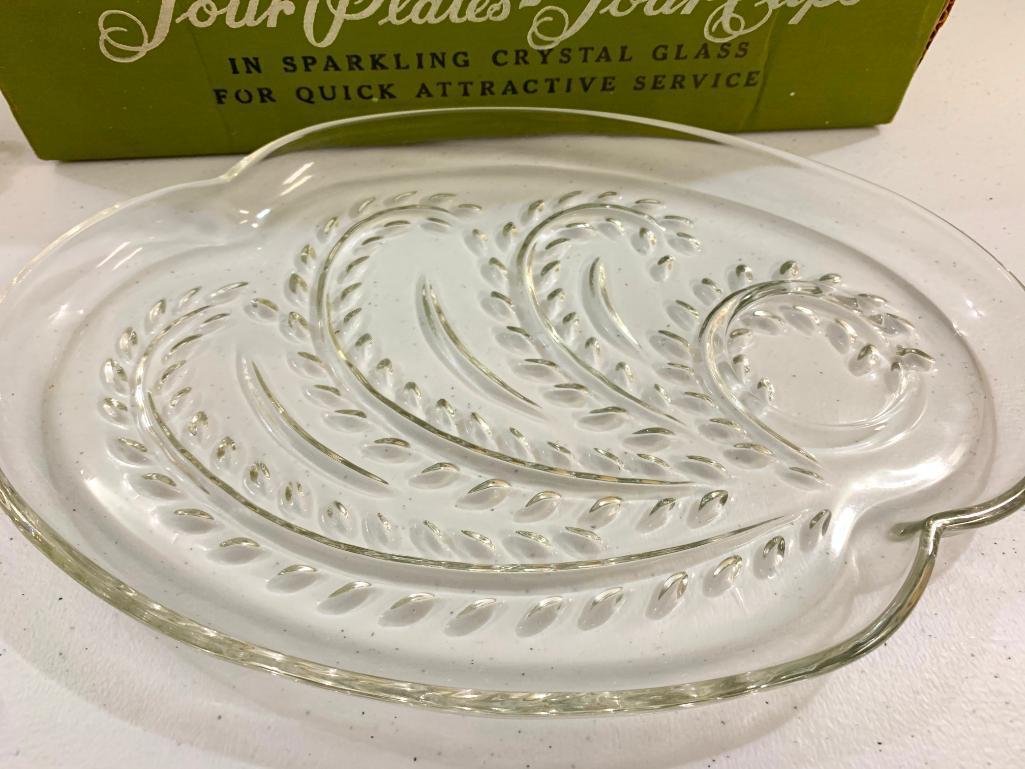 Mid-Century (8) Pc. Glass Snack Set In Original Box Made By Federal Glass Company