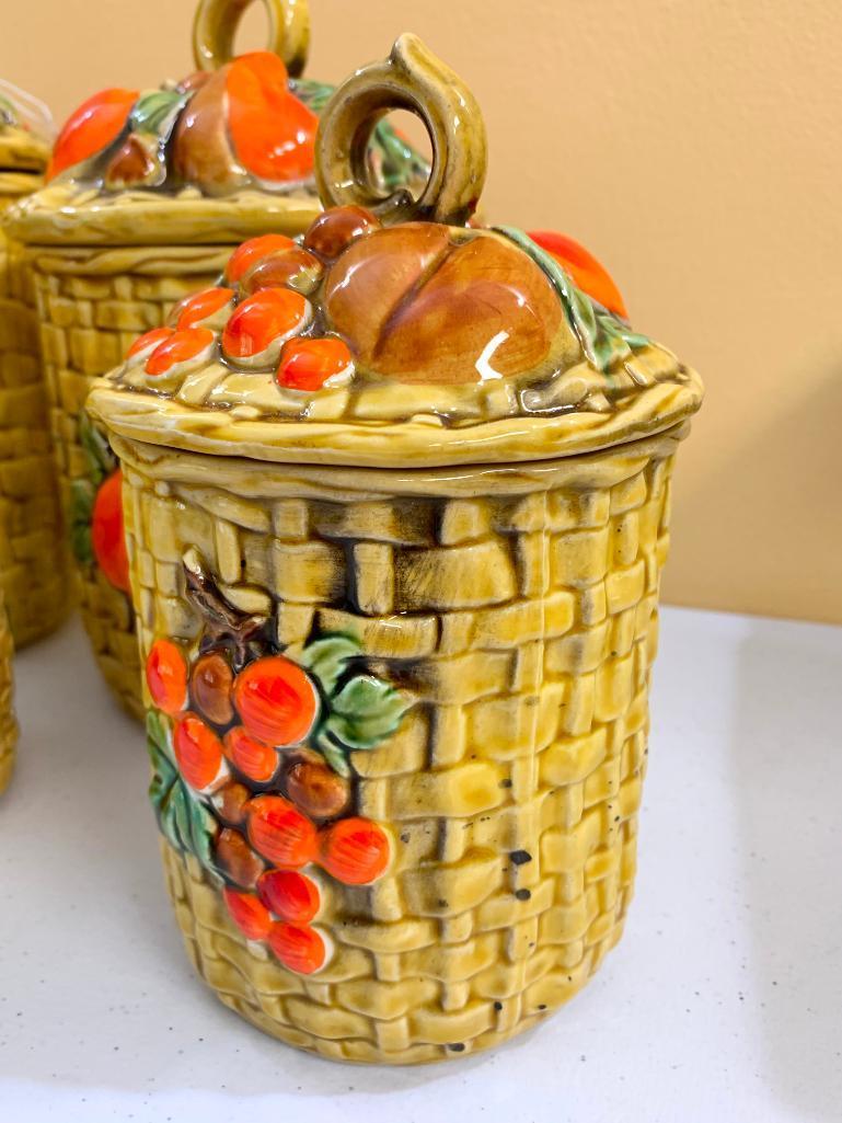 (4) Pc. 1970's Ceramic Canister Set W/Embossed Fruit & Baskets