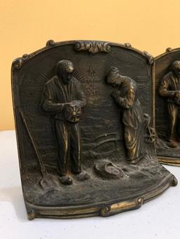 Matching Antique Cast Iron Bookends Titled "Giving Thanks"