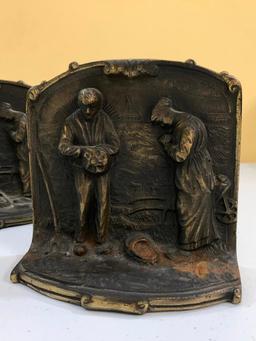 Matching Antique Cast Iron Bookends Titled "Giving Thanks"