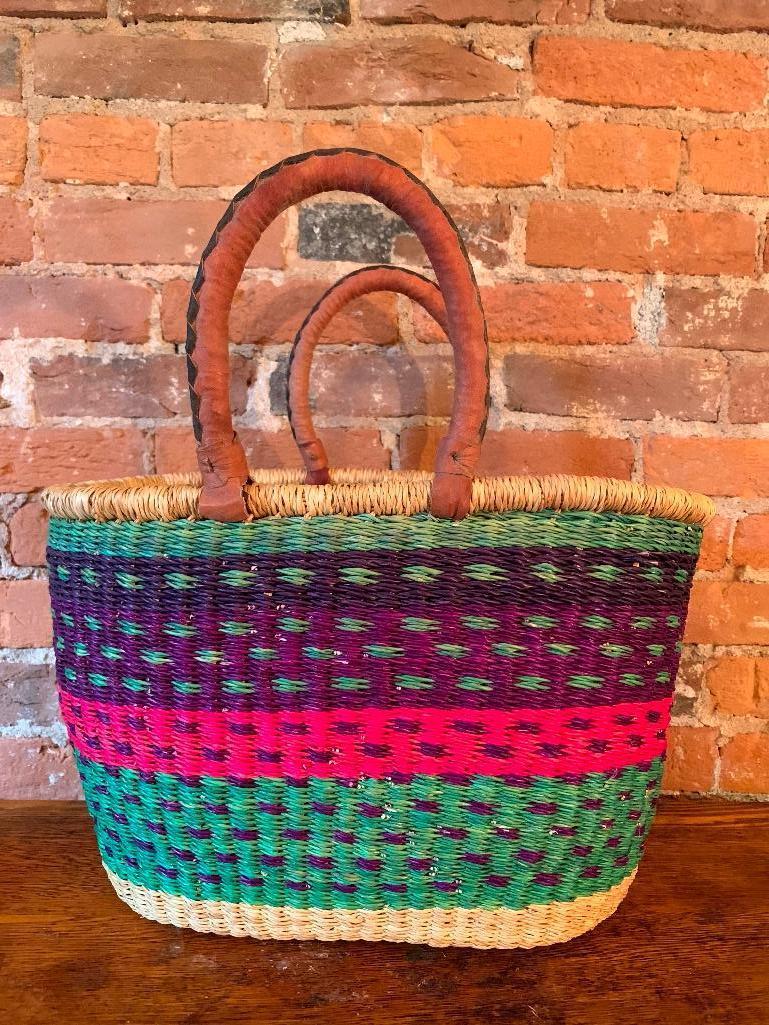 Nice Artisan Sewing or Knitting Basket with Leather Wrapped Handles