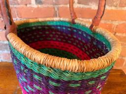 Nice Artisan Sewing or Knitting Basket with Leather Wrapped Handles