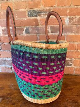 Nice Artisan Sewing or Knitting Basket with Leather Wrapped Handles