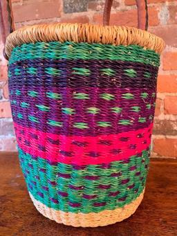 Nice Artisan Sewing or Knitting Basket with Leather Wrapped Handles