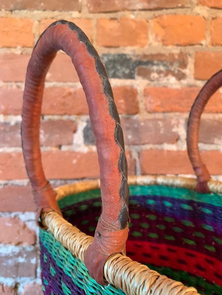 Nice Artisan Sewing or Knitting Basket with Leather Wrapped Handles