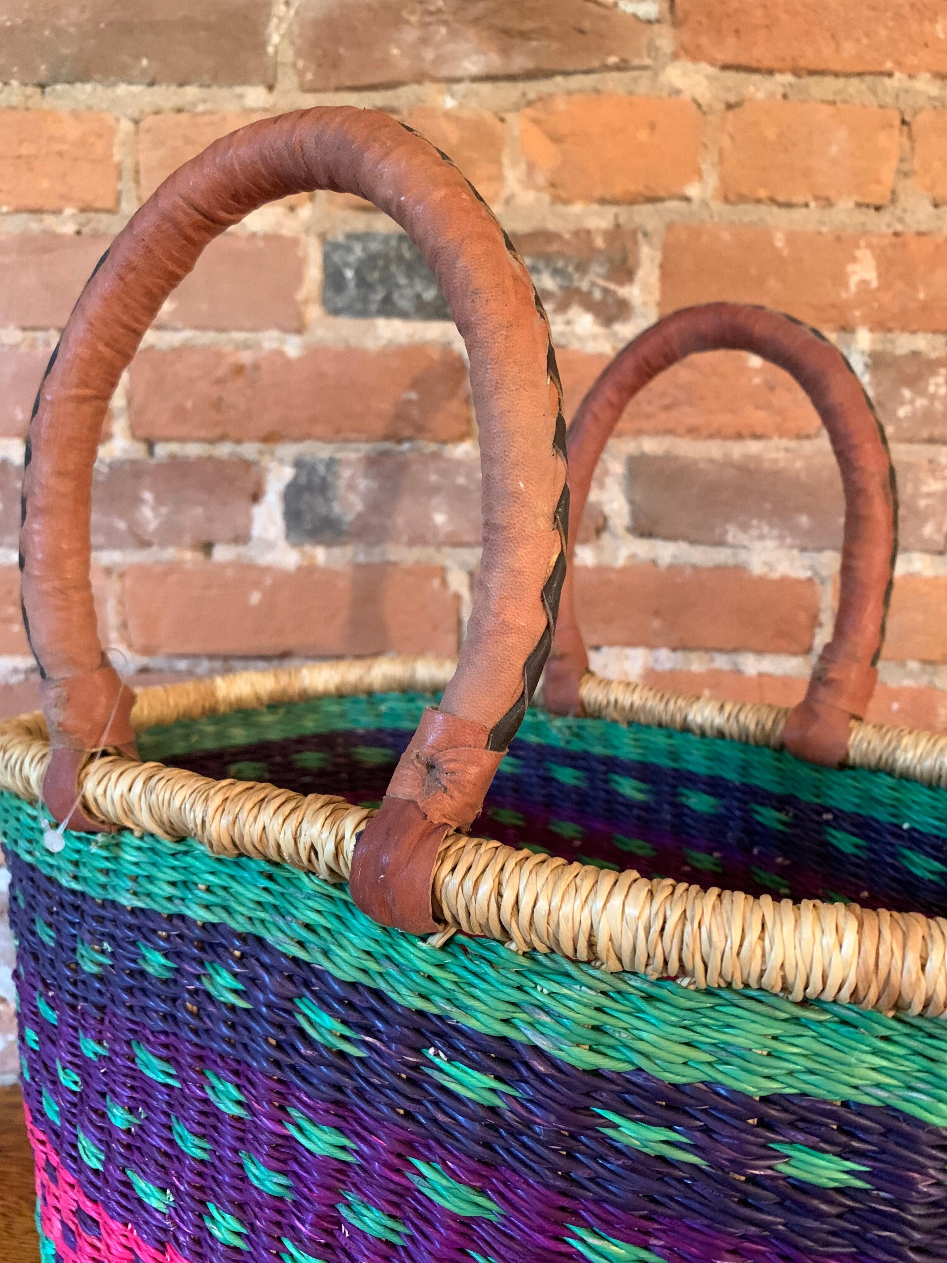 Nice Artisan Sewing or Knitting Basket with Leather Wrapped Handles