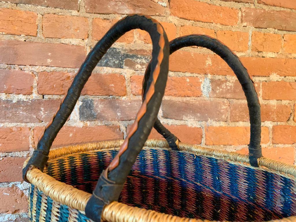 Artisan Sewing or Knitting Basket with Leather Wrapped Handle