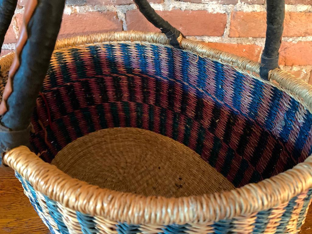 Artisan Sewing or Knitting Basket with Leather Wrapped Handle