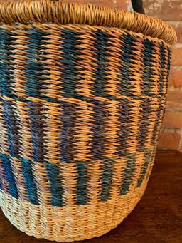 Artisan Sewing or Knitting Basket with Leather Wrapped Handle