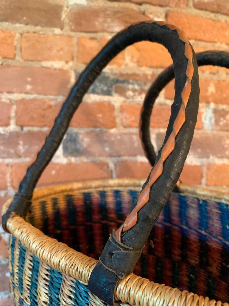 Artisan Sewing or Knitting Basket with Leather Wrapped Handle