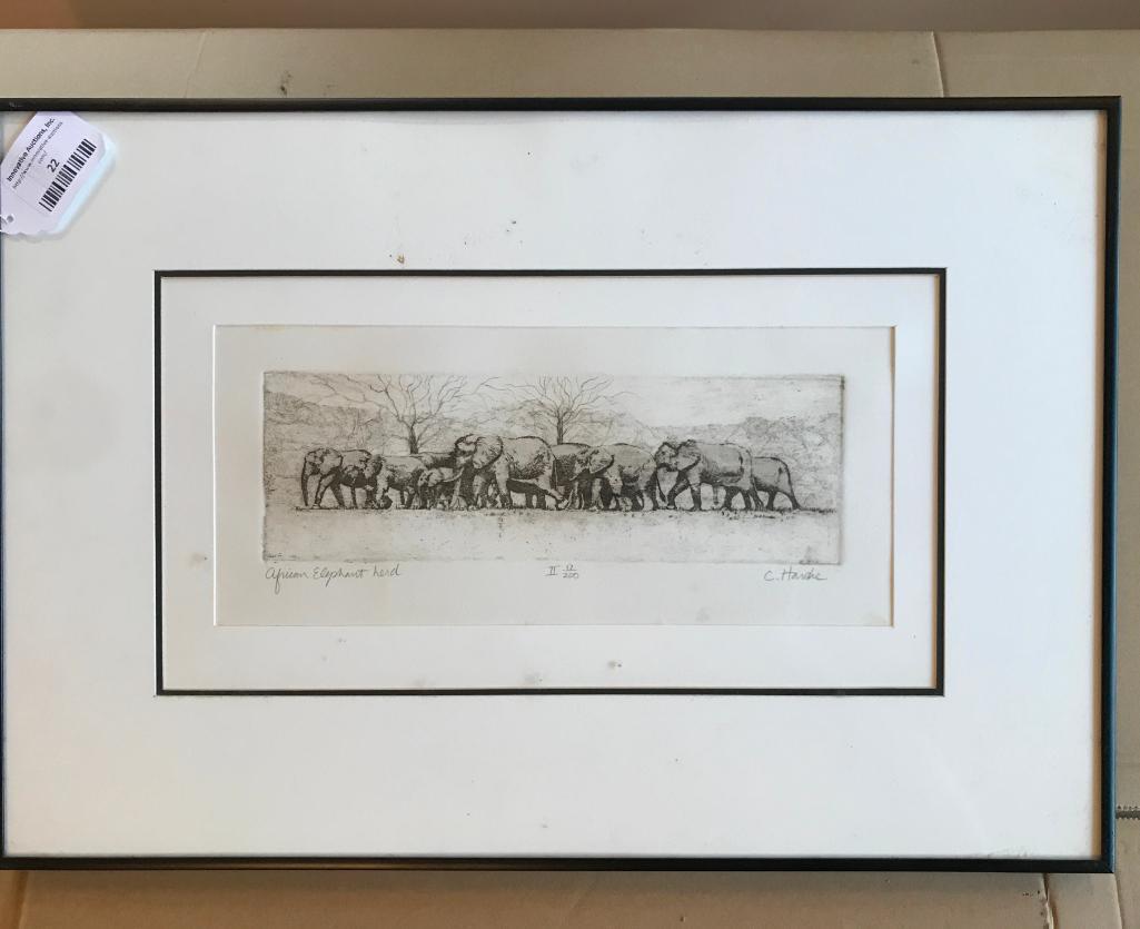 Framed and Numbered Print Titled African Elephant Herd, by C. Hardre