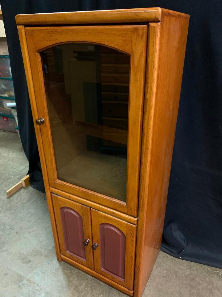 Oak Stereo Cabinet with Maroon Color Accetns