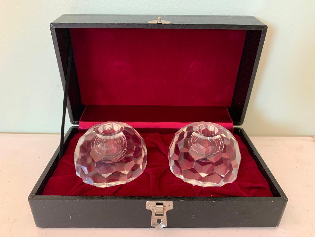 Interesting Pair of Glass Candle Holders in a Velvet Lined Case