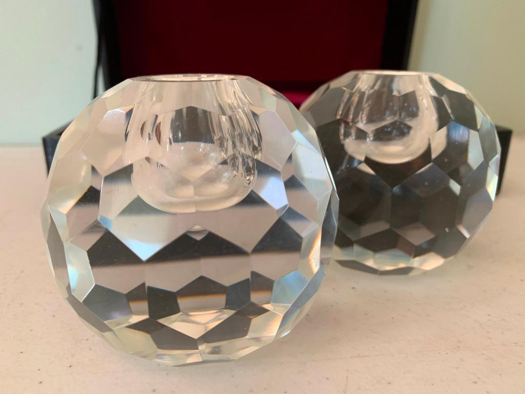 Interesting Pair of Glass Candle Holders in a Velvet Lined Case