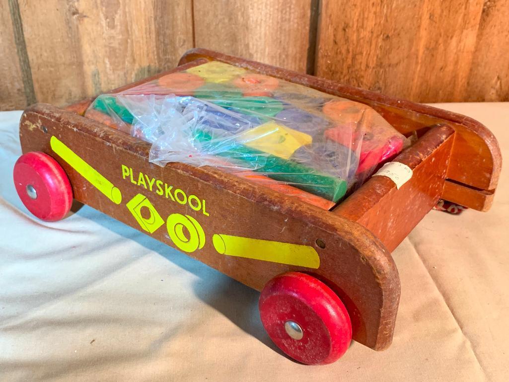Vintage, Wood, Playschool, Block Holder, Wagon, 13" Long