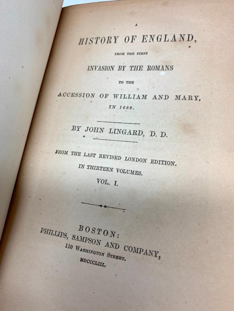 John Lingard. The History of England, NY; O'Shea, 1862. Thirteen Volumes, Bound in 3/4" Leather