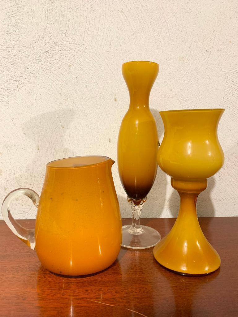 Yellow Glass Lot with Two Vases and a Pitcher, Tallest Piece is 11" Tall