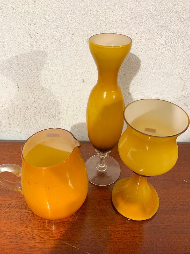 Yellow Glass Lot with Two Vases and a Pitcher, Tallest Piece is 11" Tall