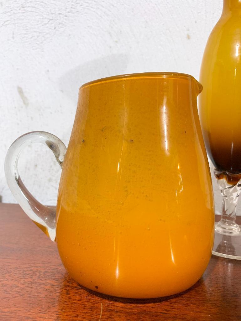 Yellow Glass Lot with Two Vases and a Pitcher, Tallest Piece is 11" Tall