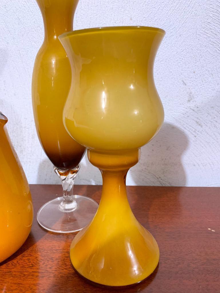 Yellow Glass Lot with Two Vases and a Pitcher, Tallest Piece is 11" Tall