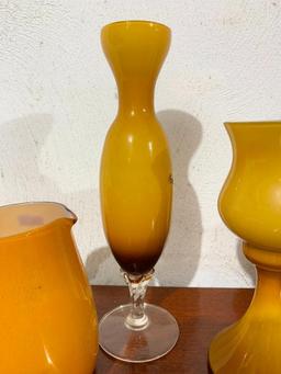 Yellow Glass Lot with Two Vases and a Pitcher, Tallest Piece is 11" Tall