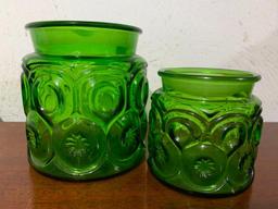 Pair of Green Glass Cannisters with No Lids, 5.5" and 4" Tall