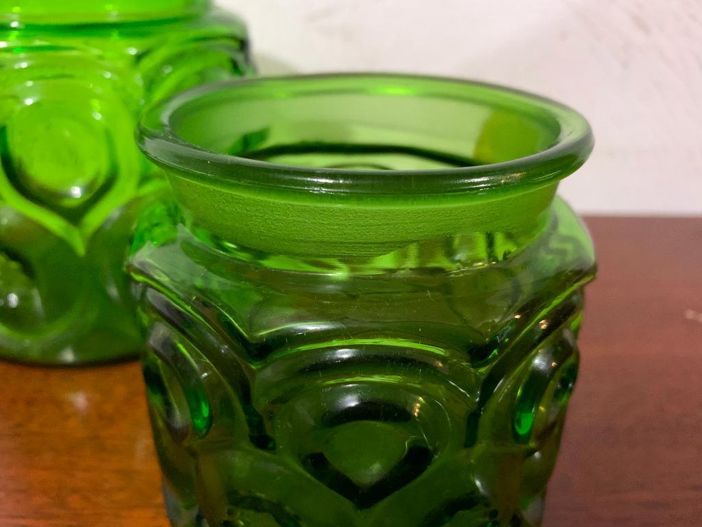 Pair of Green Glass Cannisters with No Lids, 5.5" and 4" Tall