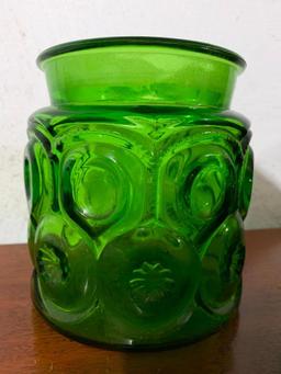 Pair of Green Glass Cannisters with No Lids, 5.5" and 4" Tall