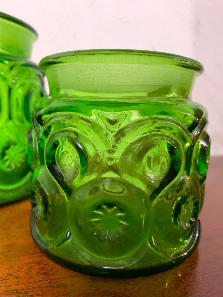 Pair of Green Glass Cannisters with No Lids, 5.5" and 4" Tall