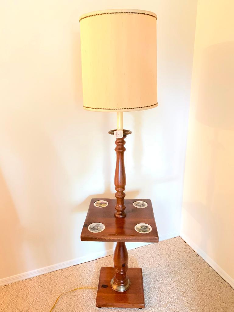 Vintage, Pine, Floor Lamp with Table Section and Cup Holders