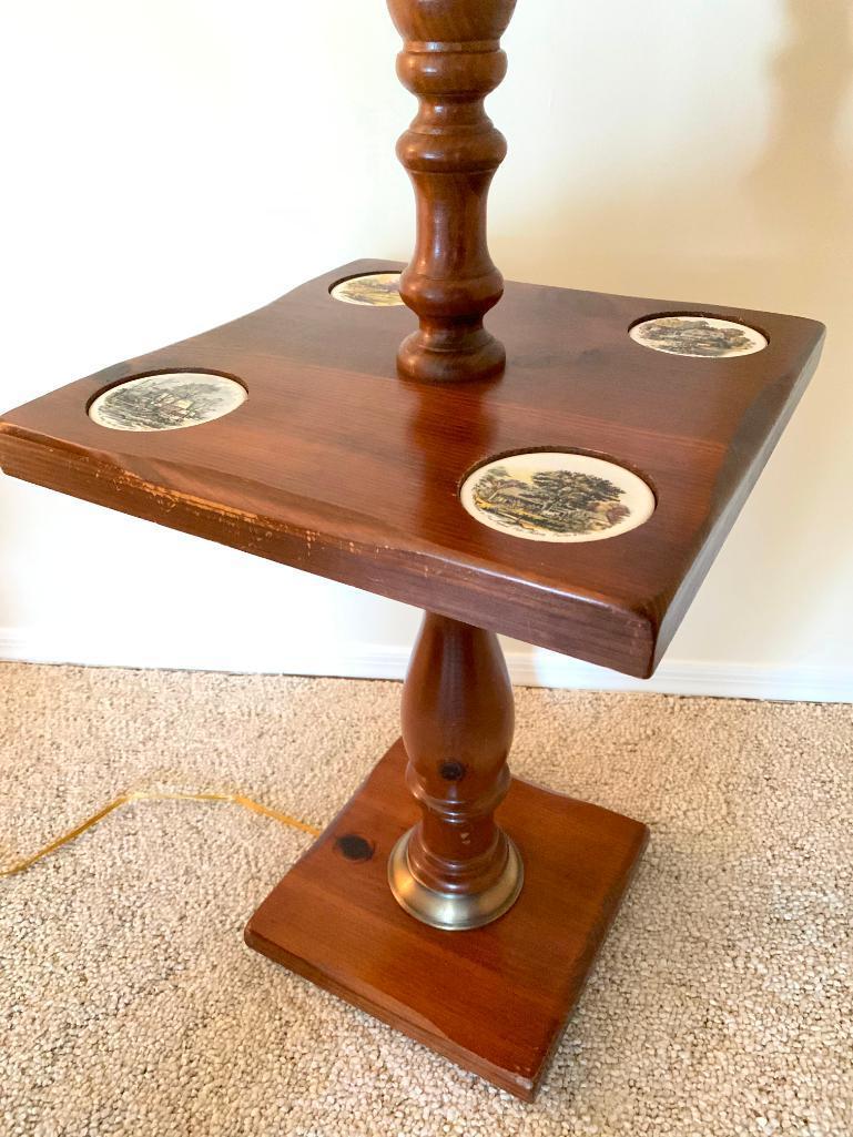 Vintage, Pine, Floor Lamp with Table Section and Cup Holders