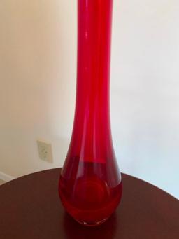 Fluted, Red Glass Bud Vase, 12" Tall