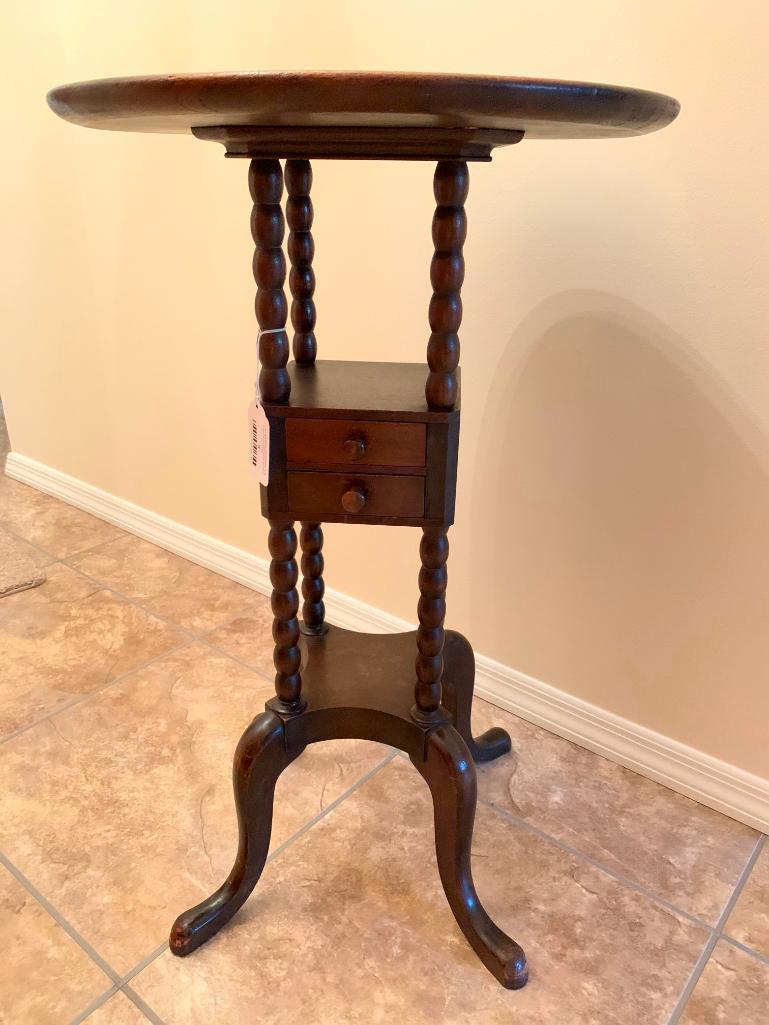 Round Top, Antique, Solid Mahogany Table with Two Small Drawers