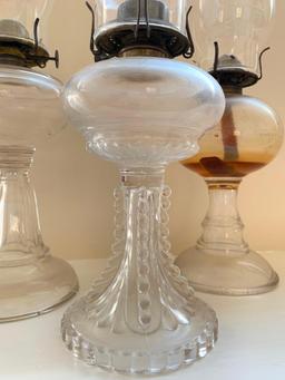 Three Antique Oil Lamps with Glass Chimneys