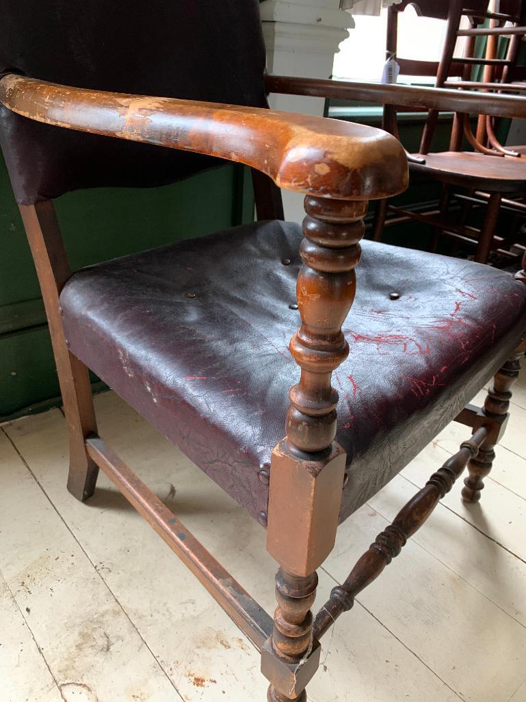 Antique, Wood and Leather Arm Chair