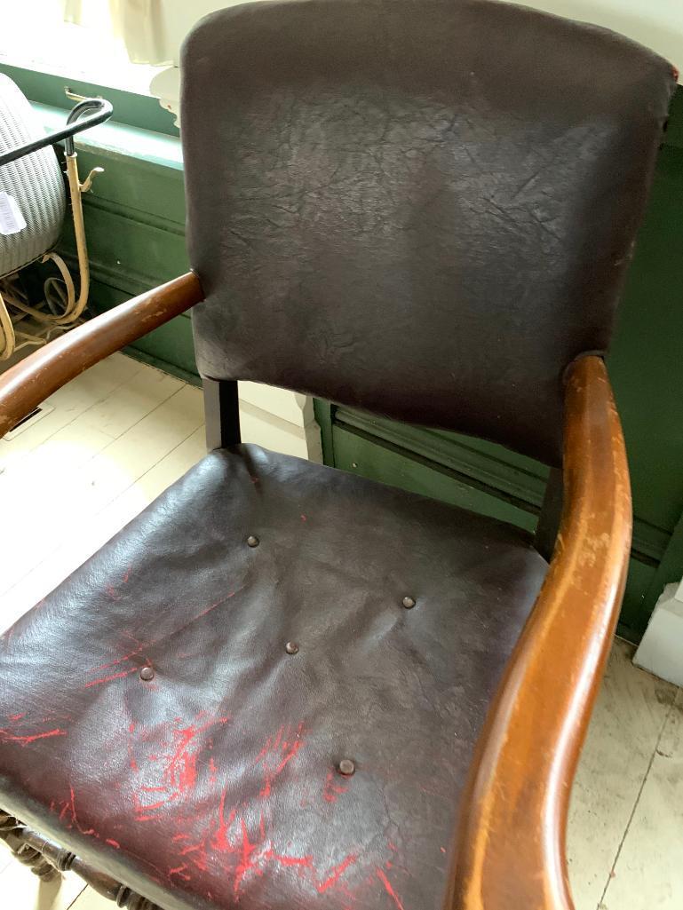 Antique, Wood and Leather Arm Chair