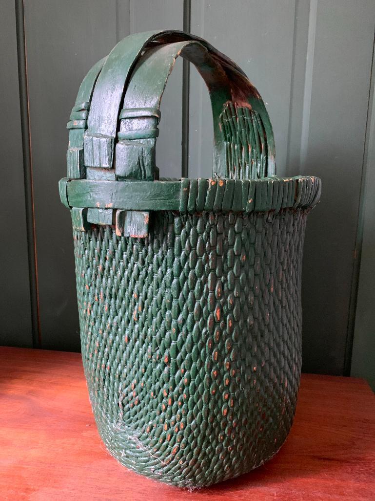 Vintage, Painted Green Basket with Interesting Handle