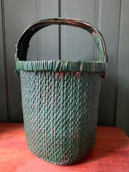 Vintage, Painted Green Basket with Interesting Handle