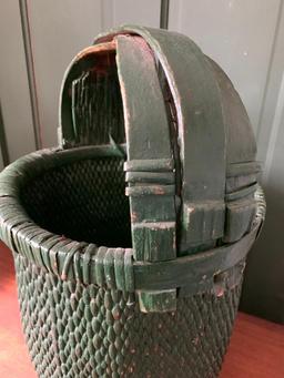 Vintage, Painted Green Basket with Interesting Handle