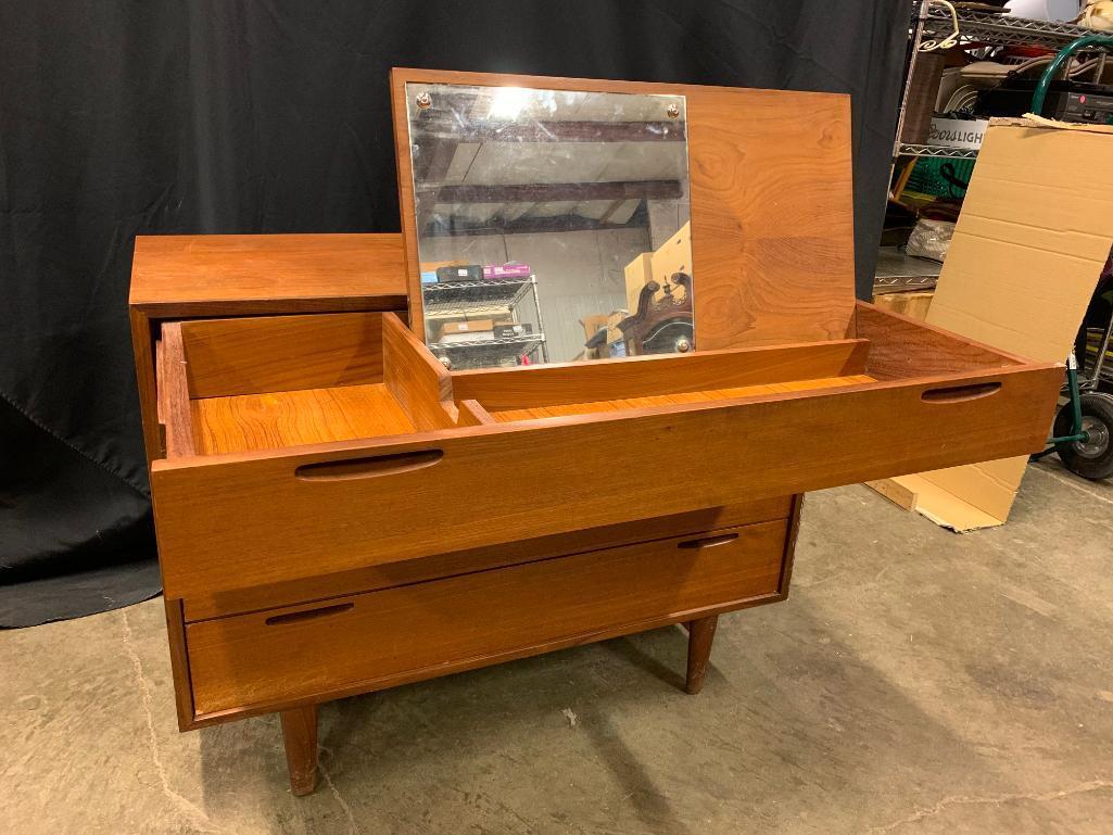 Mid Century Modern, Teak, Chest of Drawers with Vanity/Desk Top Drawer Marked "Furniture Makers