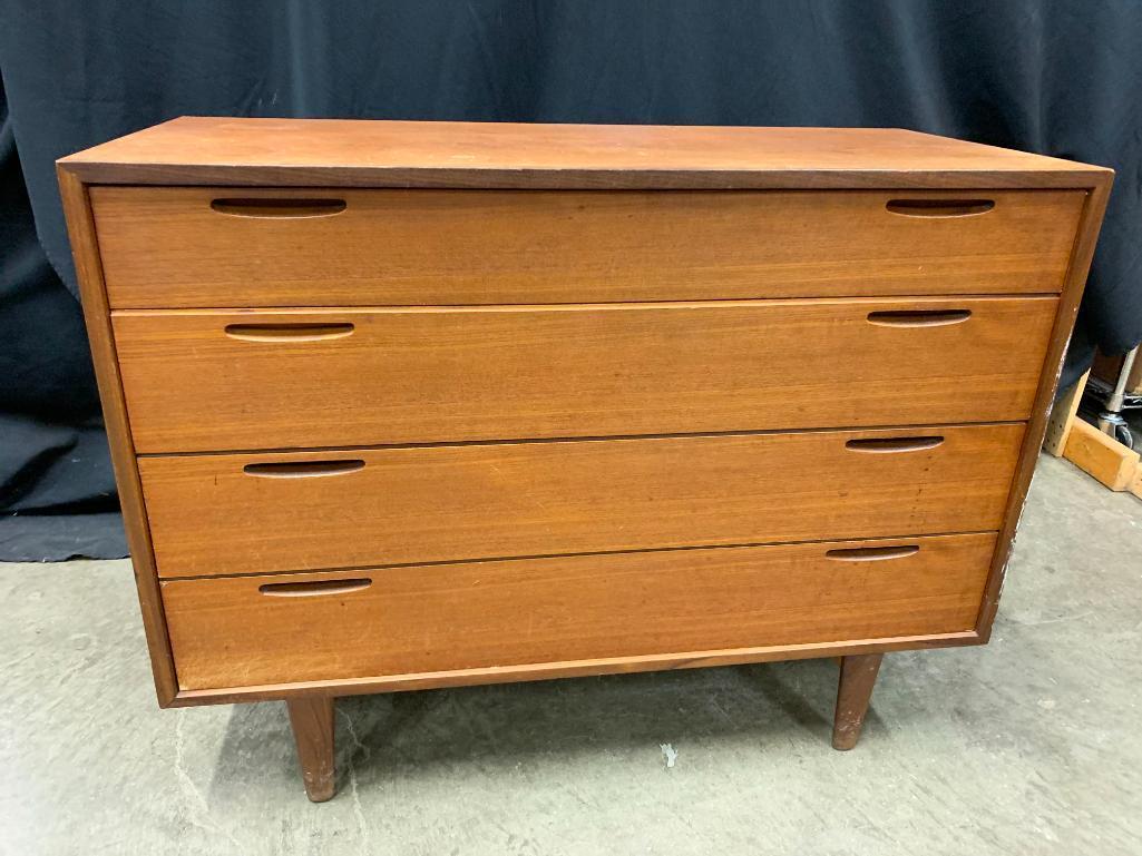 Mid Century Modern, Teak, Chest of Drawers with Vanity/Desk Top Drawer Marked "Furniture Makers