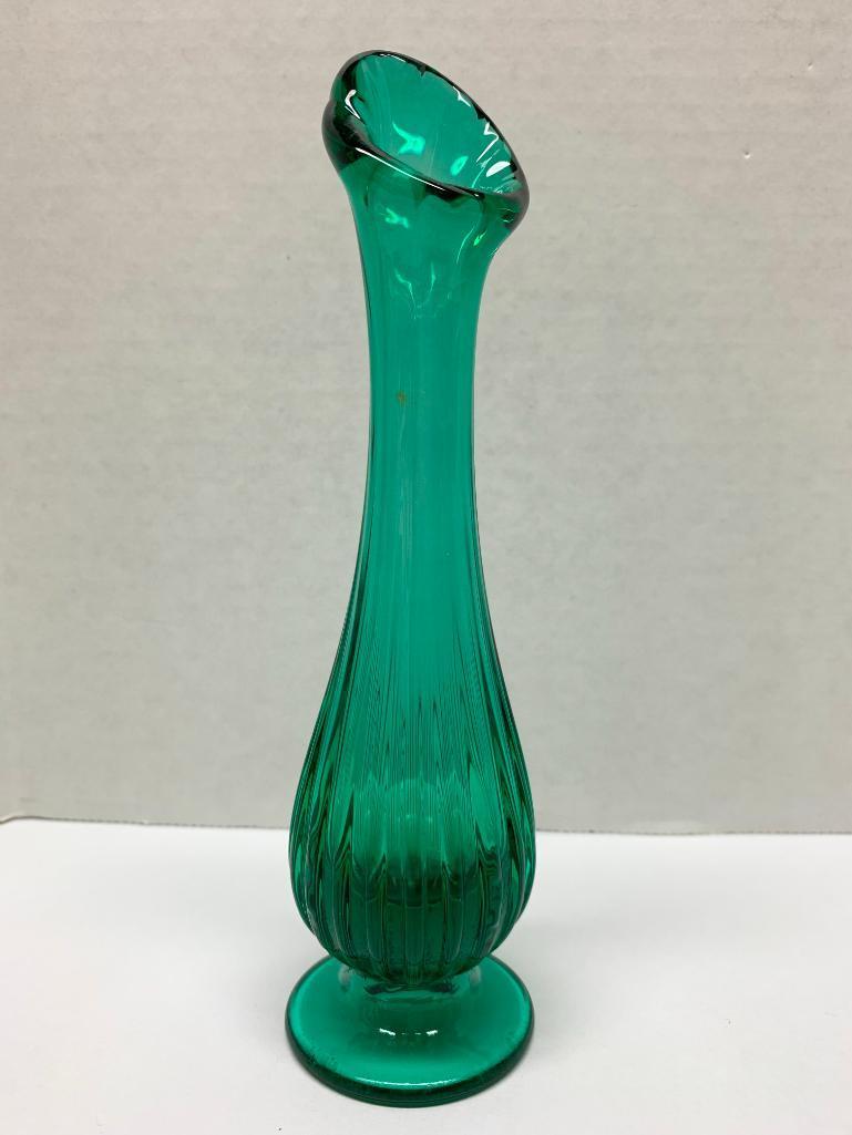 Small Green Fluted Vase 7" Tall