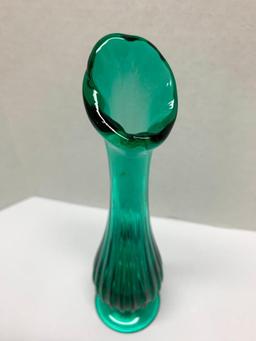 Small Green Fluted Vase 7" Tall