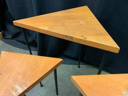 Set of Triangle Nesting Wooden Tables. The Tallest is 2' Tall and the Smallest is Heavily Scratched