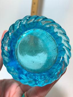 Blue Glass Vase with Basket Weave Design. This Item is 6.5" Tall