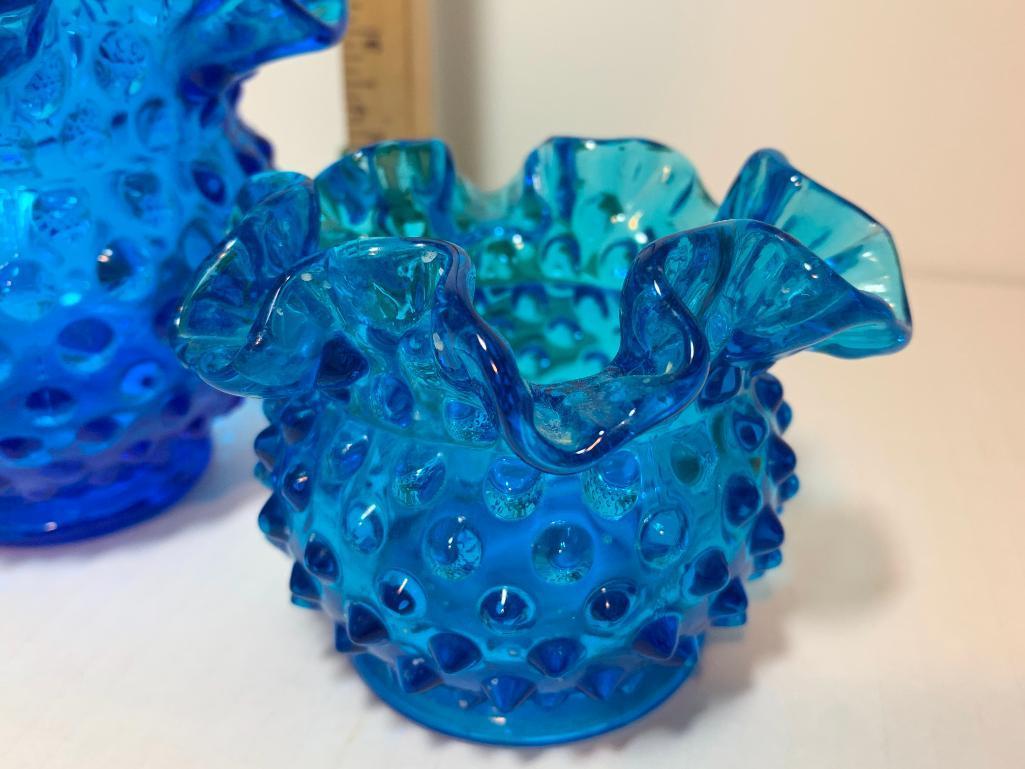 Pair Fenton of Blue Hobnail Glass Vases. The Tallest Item is 4.25"