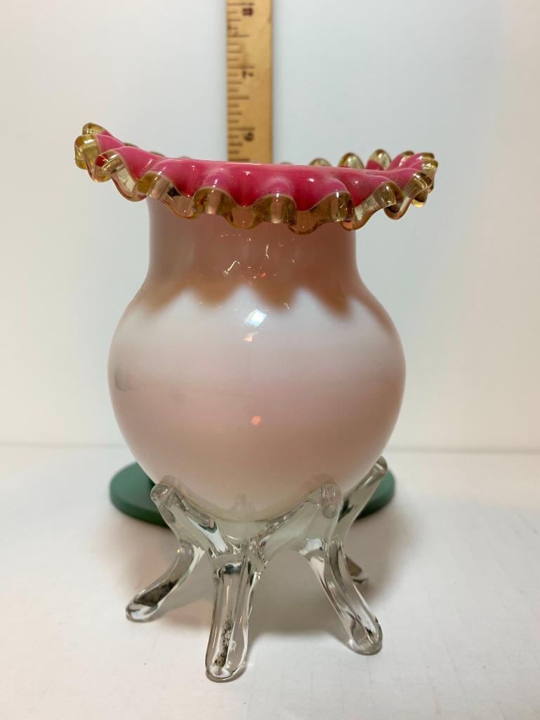 Decorative Glass Vase with Pink Inlay. This Item is 5" Tall