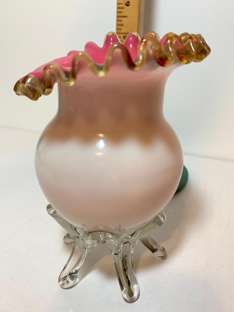Decorative Glass Vase with Pink Inlay. This Item is 5" Tall